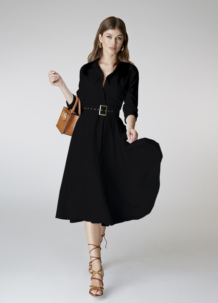 Rochie camasa midi neagra evazata din vascoza cu curea asortata Sassy