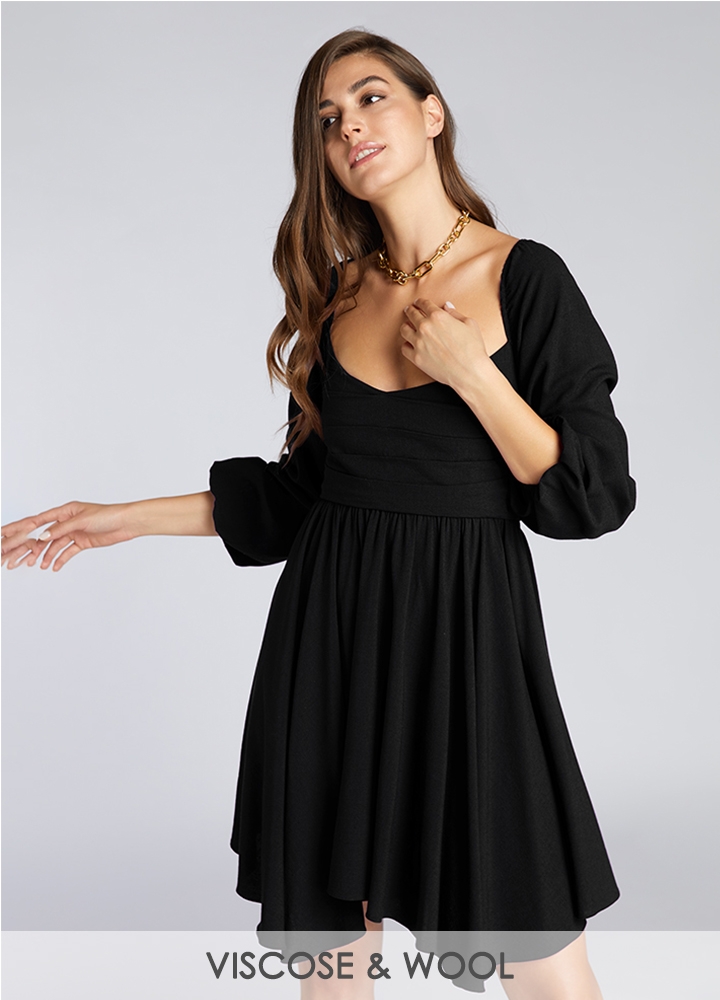 Rochie din vascoza neagra babydoll cu decolteu spate ajustabil Girona