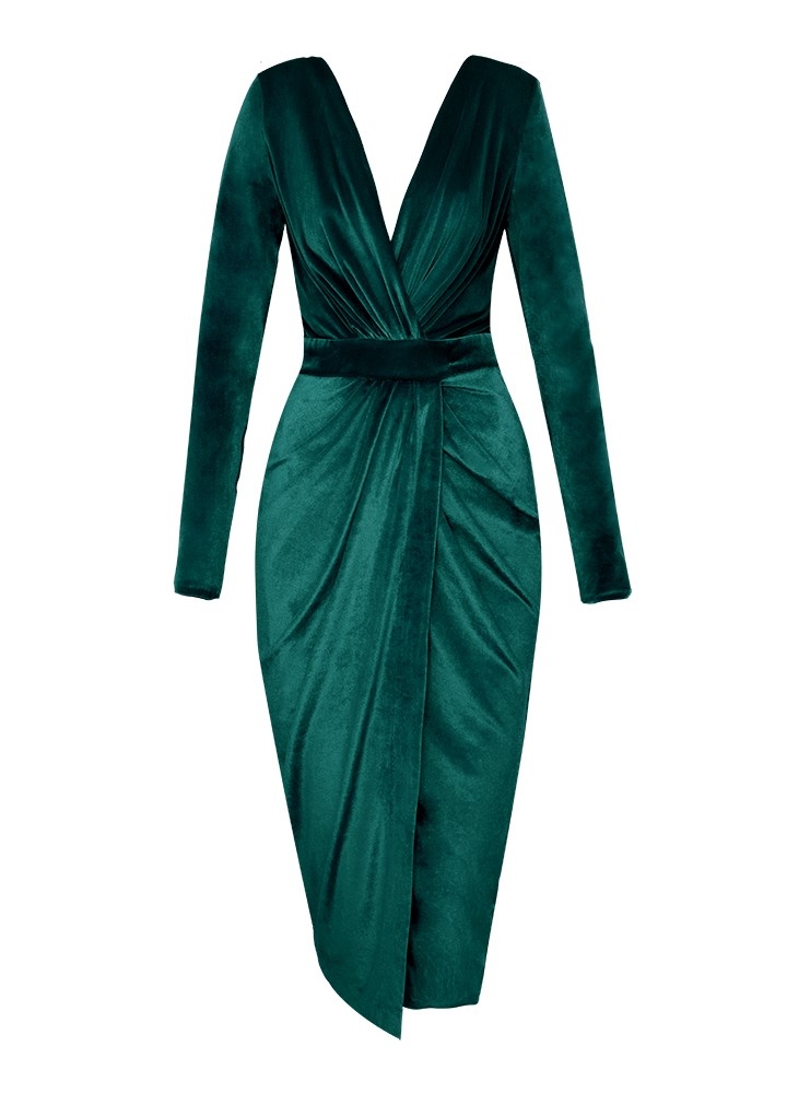 Rochie cocktail midi verde cu maneci lungi si fusta tip creion Jade