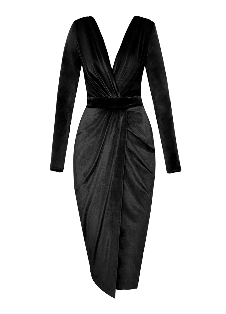 Rochie cocktail midi neagra cu maneci lungi si fusta tip creion Jade 