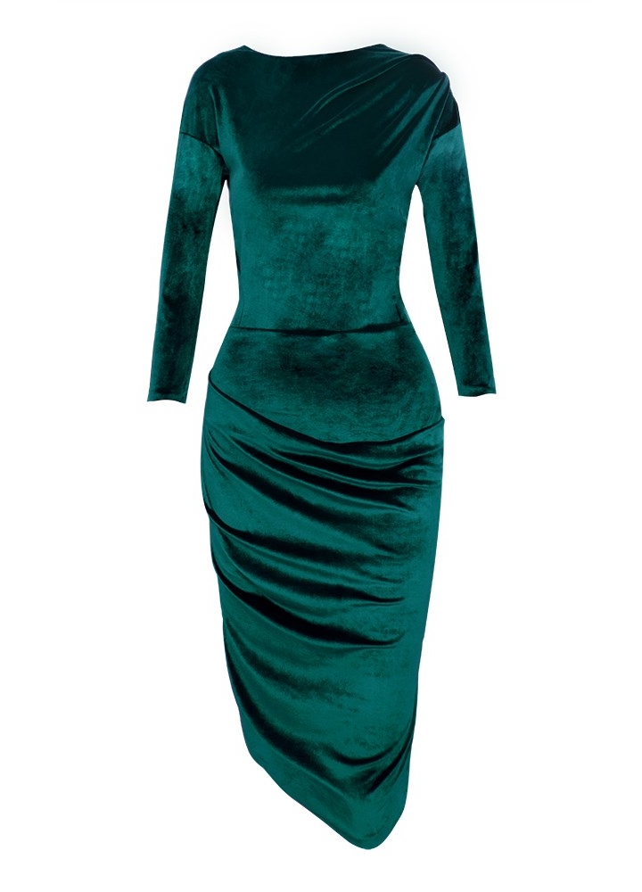 Rochie cocktail midi verde cu drapaje si fusta asimetrica tip creion Blaze 
