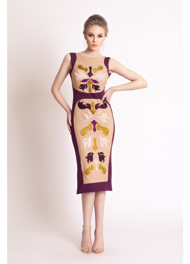 Rochie cocktail midi conica mov cu spatele gol si tulle cu broderii Grapevine