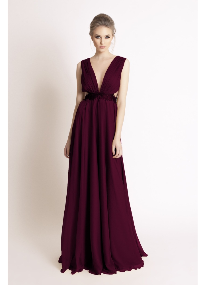 Rochie lunga de seara visinie din voal de matase cu spatele gol si broderii Wing