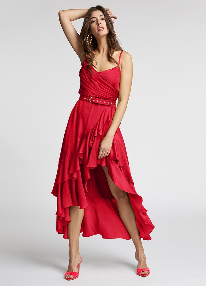 Rochie cocktail midi rosie din matase cu drapaje si volane Frida