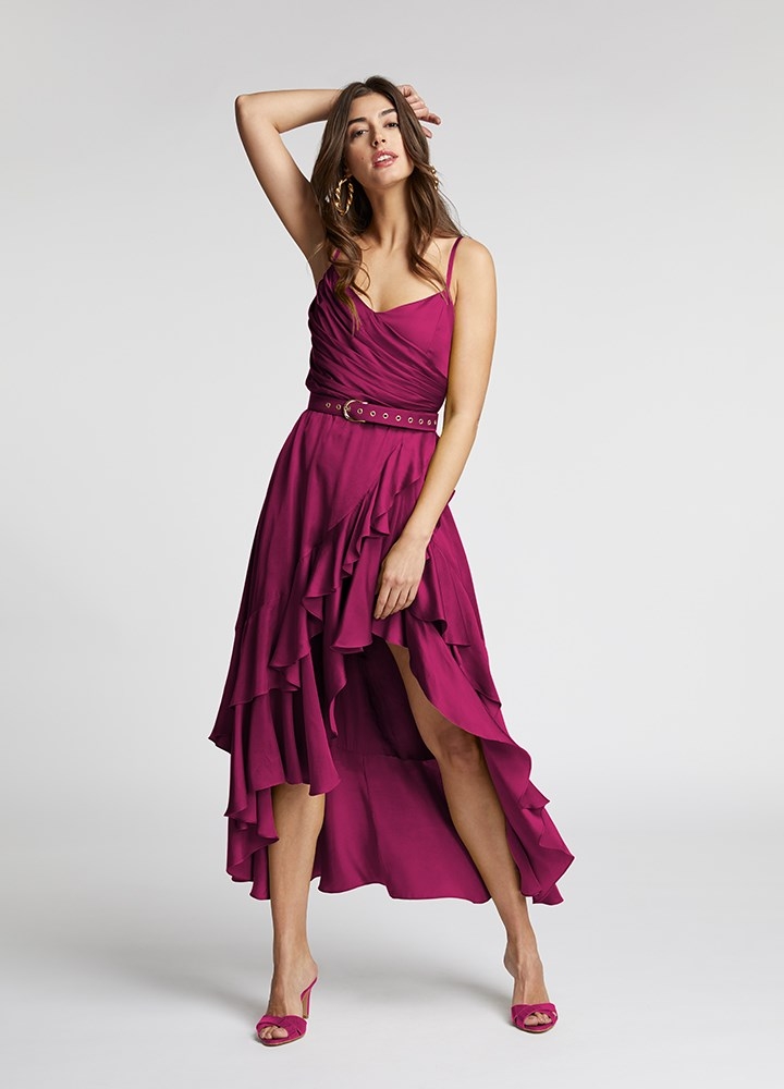 Rochie cocktail midi roz magenta din matase cu drapaje si volane Frida 