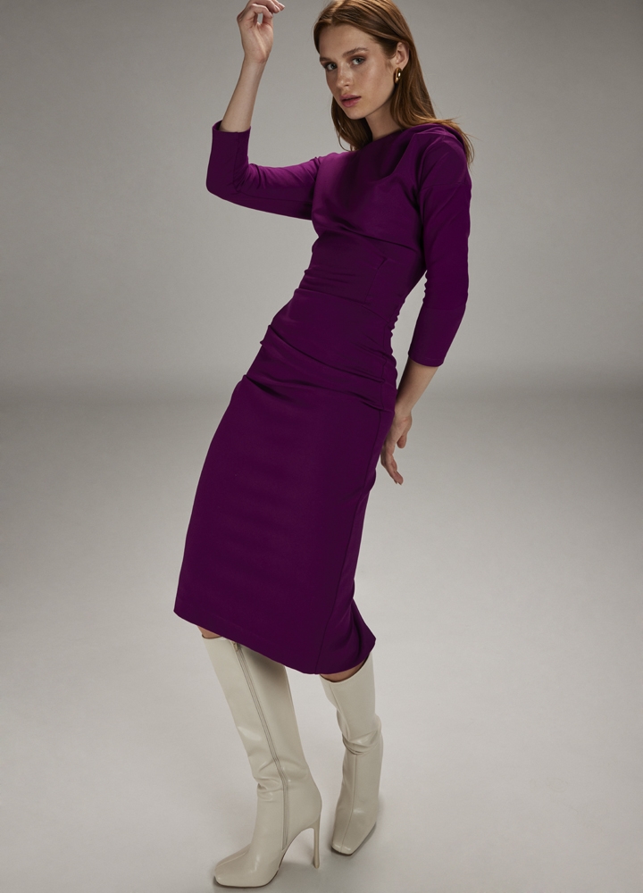 Rochie bodycon midi mov drapata din vascoza Luster