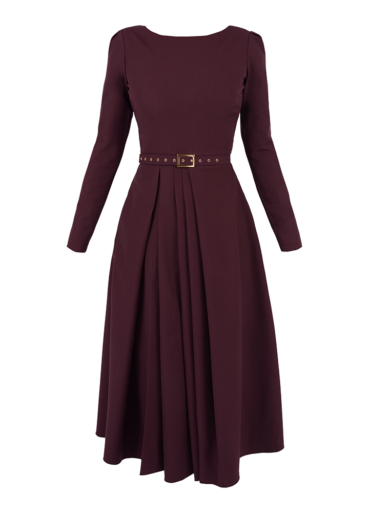 Rochie cocktail midi cu fusta cu pliuri si curea asortata Haga