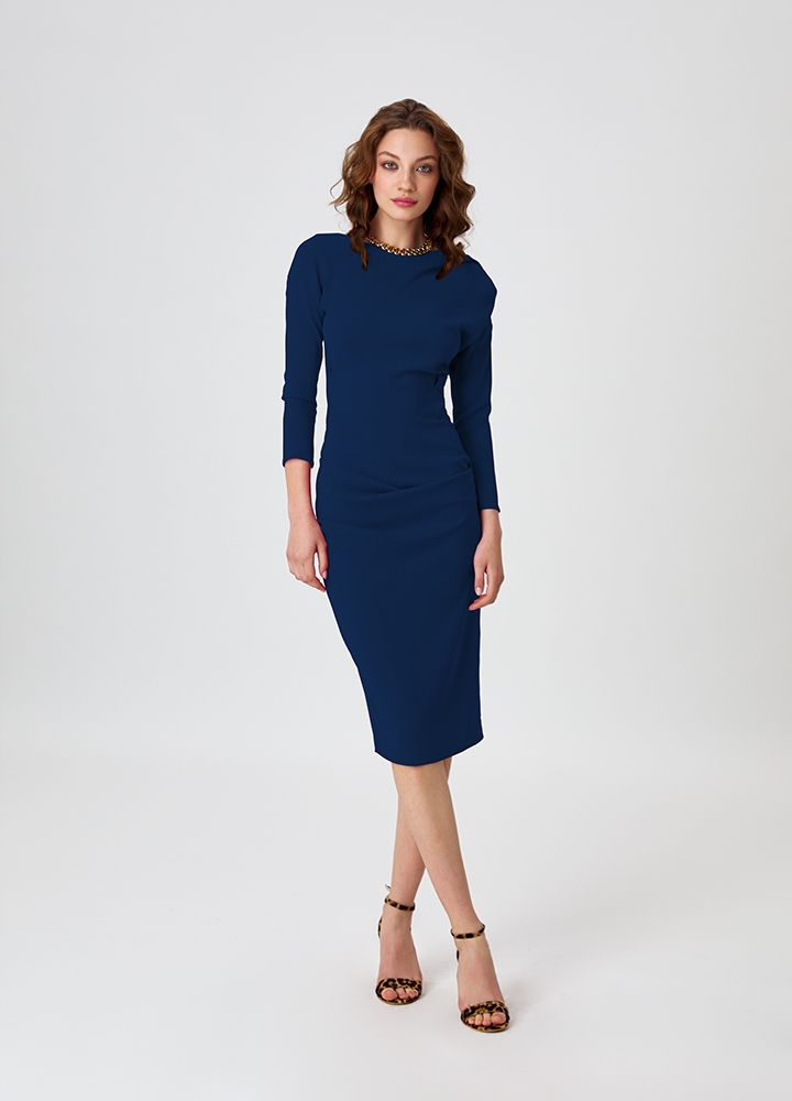 Rochie bodycon midi albastra bleumarin drapata din vascoza  Luster