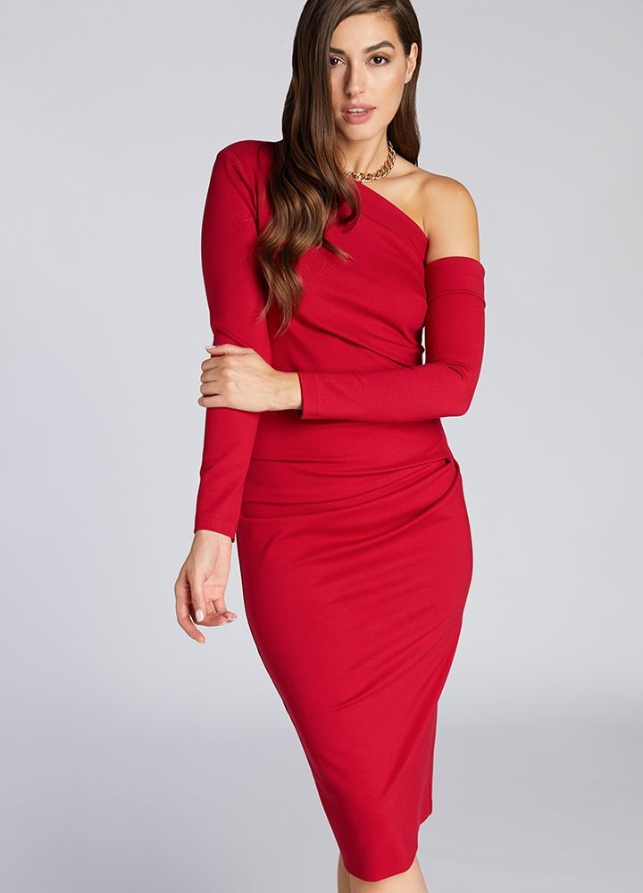 Rochie midi conica rosie cu decolteu pe un umar Plazza