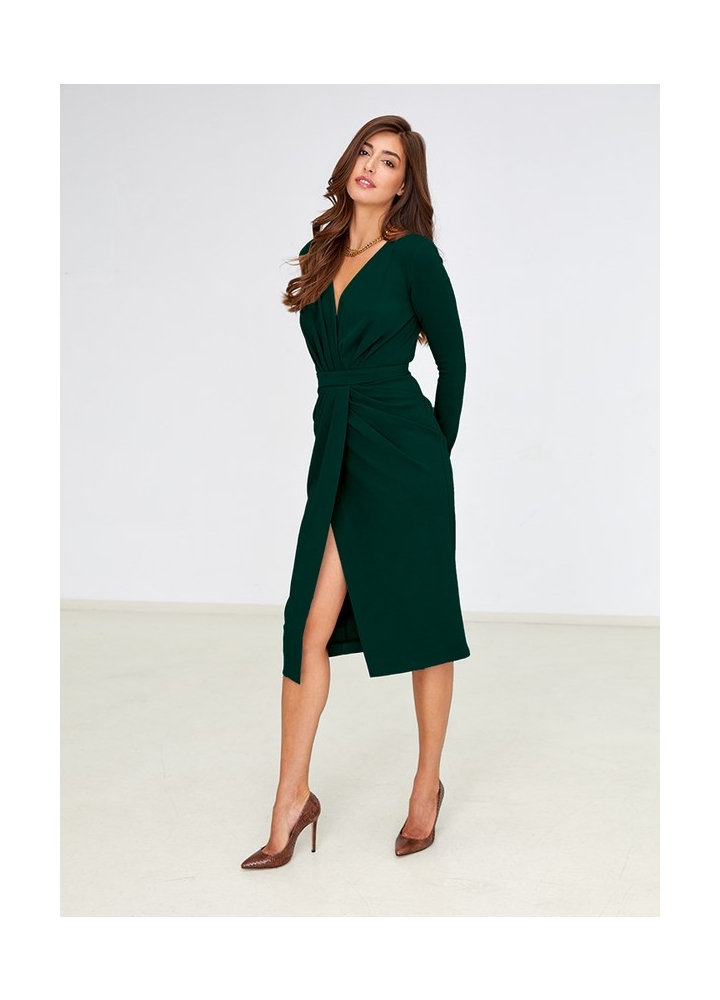 Rochie midi verde drapata din vascoza cu curea asortata Sting