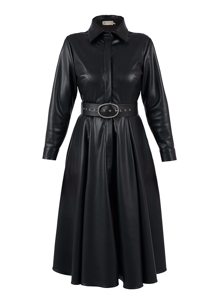 Rochie camasa midi neagra cu aspect de piele si curea asortata Vertigo