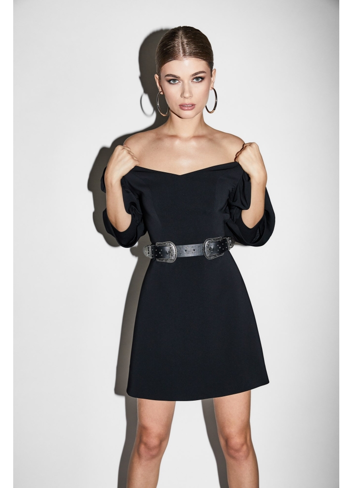 Rochie cocktail scurta neagra cu maneci bufante si fusta in A Dove 