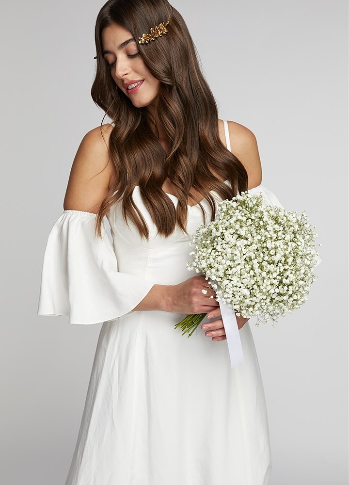 Rochie midi alba din vascoza si in cu maneci detasabile si corset ajustabil cu funda Cupid