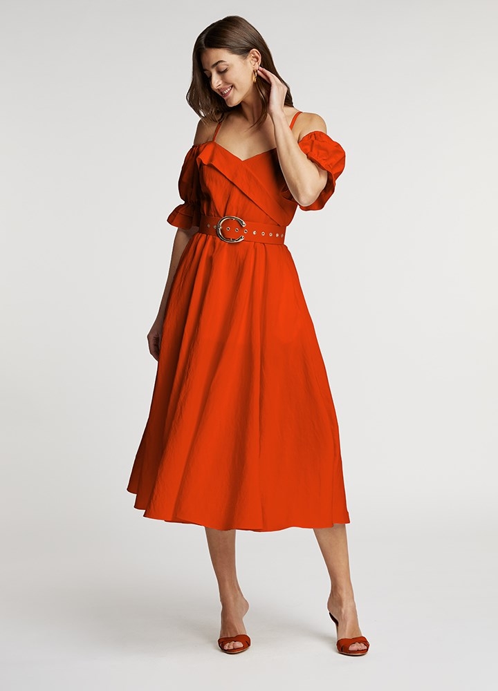 Rochie midi portocalie din in cu bretele ajustabile si maneci bufante Acacia 
