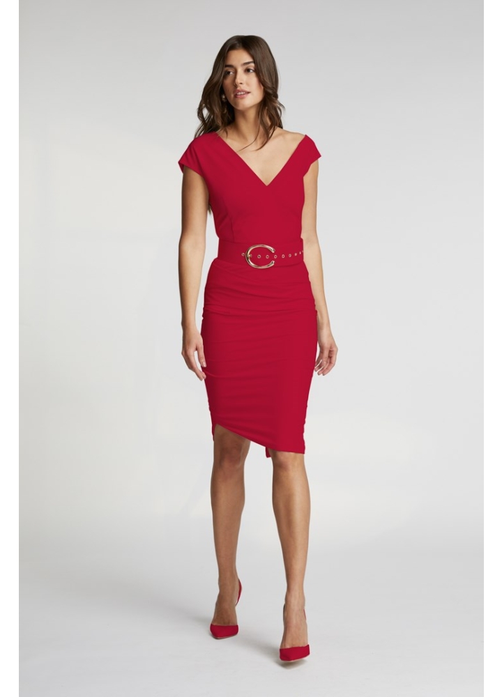 Rochie midi rosie cu decolteu asimetric si fusta cu drapaje Razz