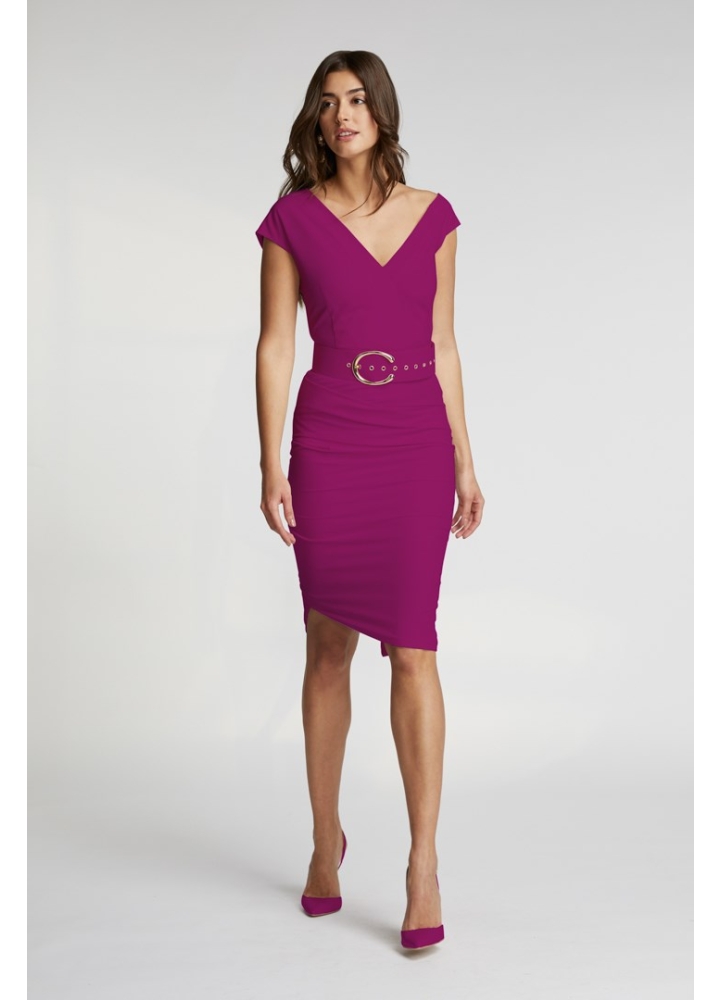 Rochie midi magenta din vascoza cu decolteu asimetrica si fusta cu drapaje Razz 