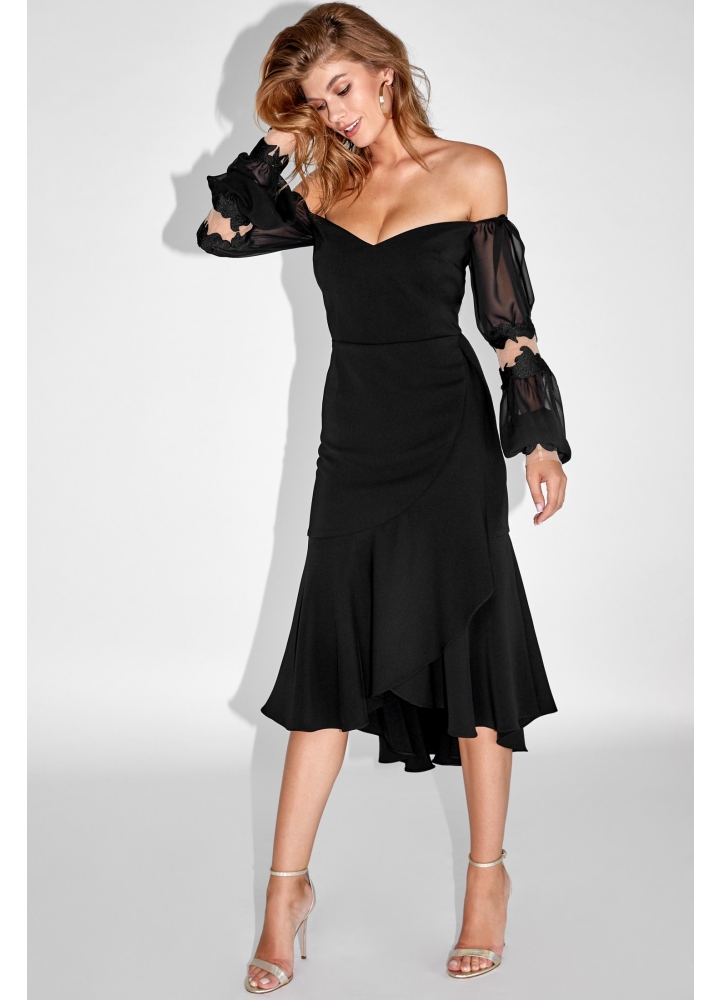 Rochie cocktail midi neagra cu decolteu pe umeri si cu broderie Festa