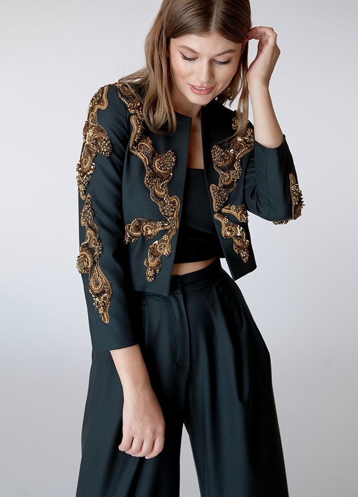 Sacou cocktail scurt kaki din lana cu broderii Magna