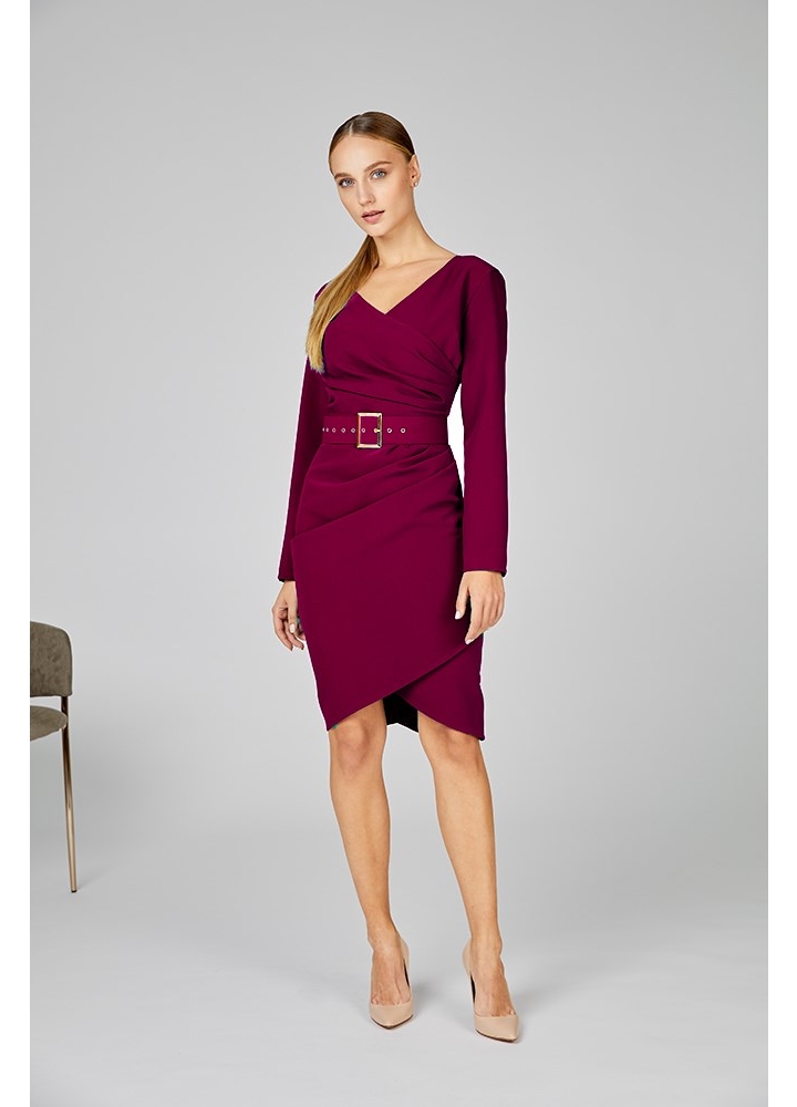 Rochie cambrata mov burgundy drapata si curea asortata Ridge