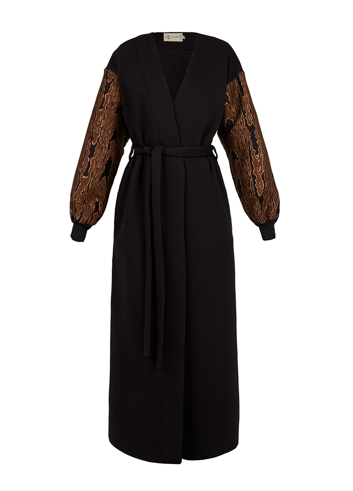 Cardigan maxi negru si bronz din bumbac cu maneci din brocart si cordon Amethyst