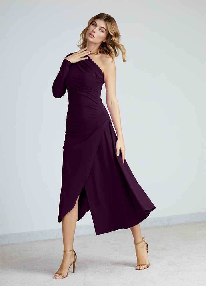 Rochie cocktail midi mov asimetrica cu drapaje pe umar Cannes 