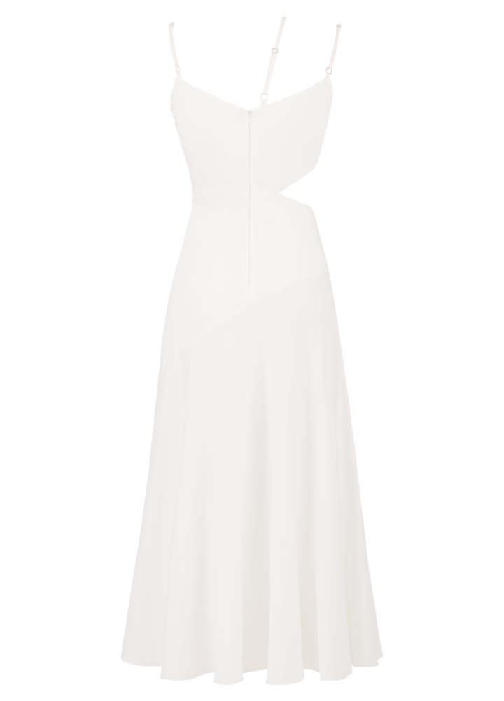 Rochie alba midi de cununie cu drapaje si decupaje Canto