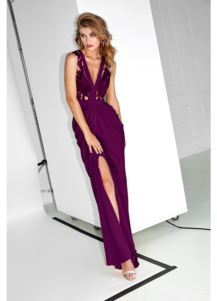 Rochie lunga mov de seara cu fusta drapata si broderii Alegria 