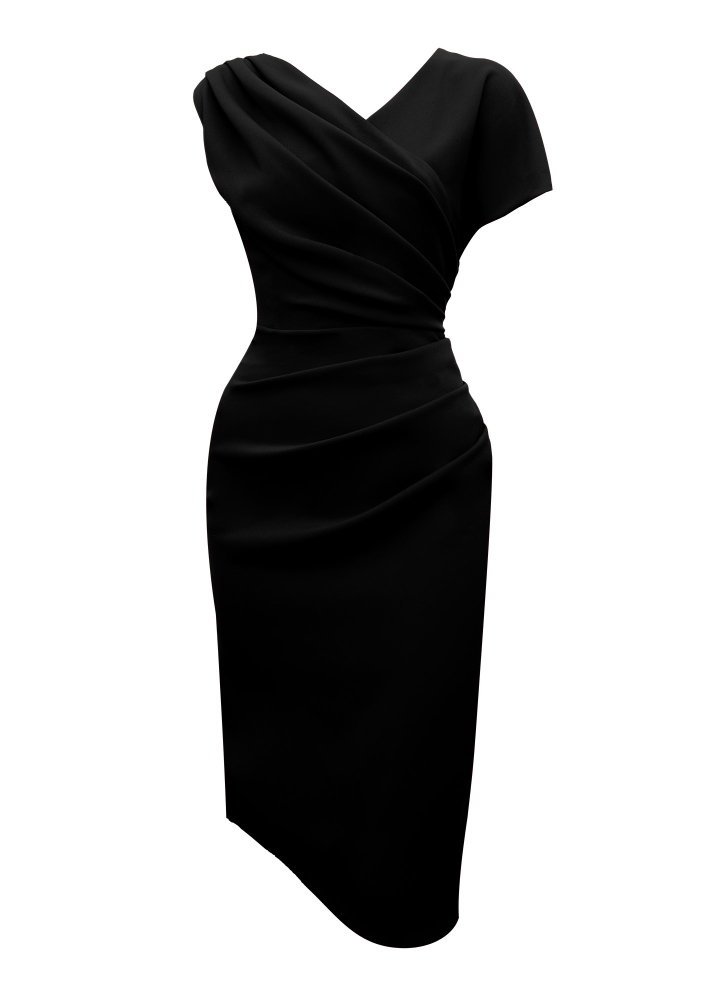 Rochie conica asimetrica neagra cu drapaje si decolteu in V Chance