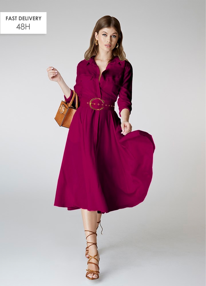 Rochie camasa midi mov magenta evazata din vascoza cu curea asortata Classy