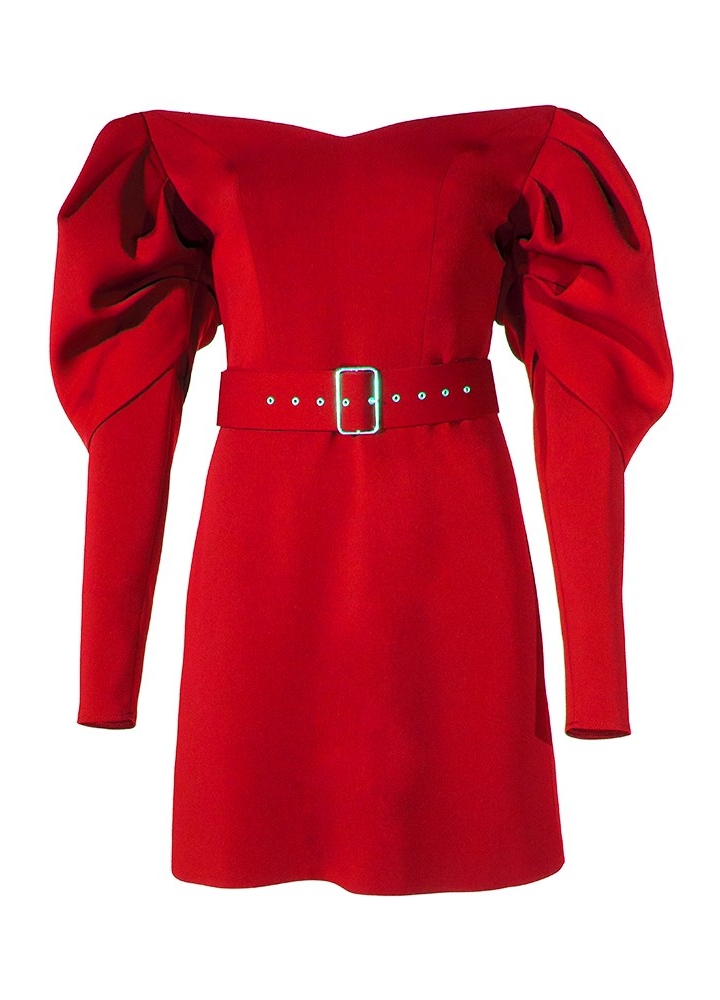 Rochie cocktail scurta rosie cu maneci bufante si fusta in A Dove 