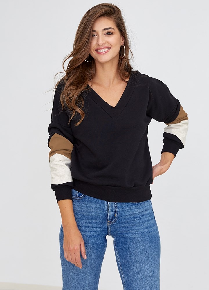 Bluza din bumbac negru si bej cu decolteu in V Cornell