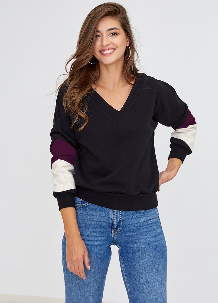 Bluza din bumbac negru si mov cu decolteu in V Cornell