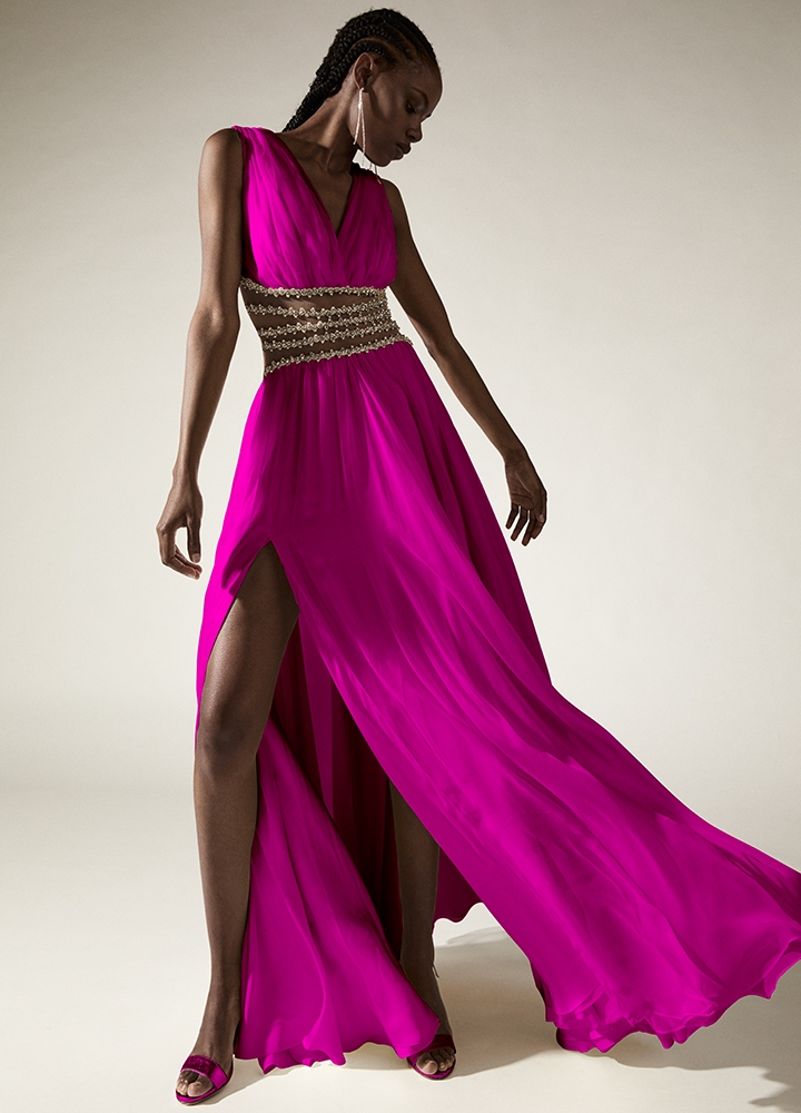 Rochie lunga de seara fuchsia din matase naturala cu cristale  Harmonia