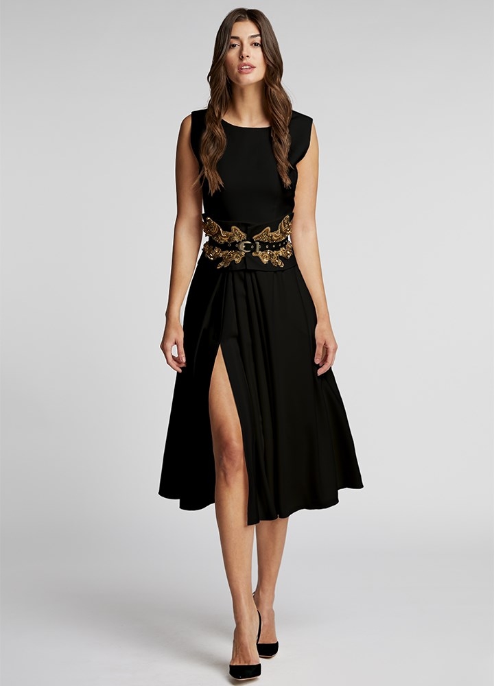 Rochie midi neagra din lana cu buzunare si curea asortata Hope 