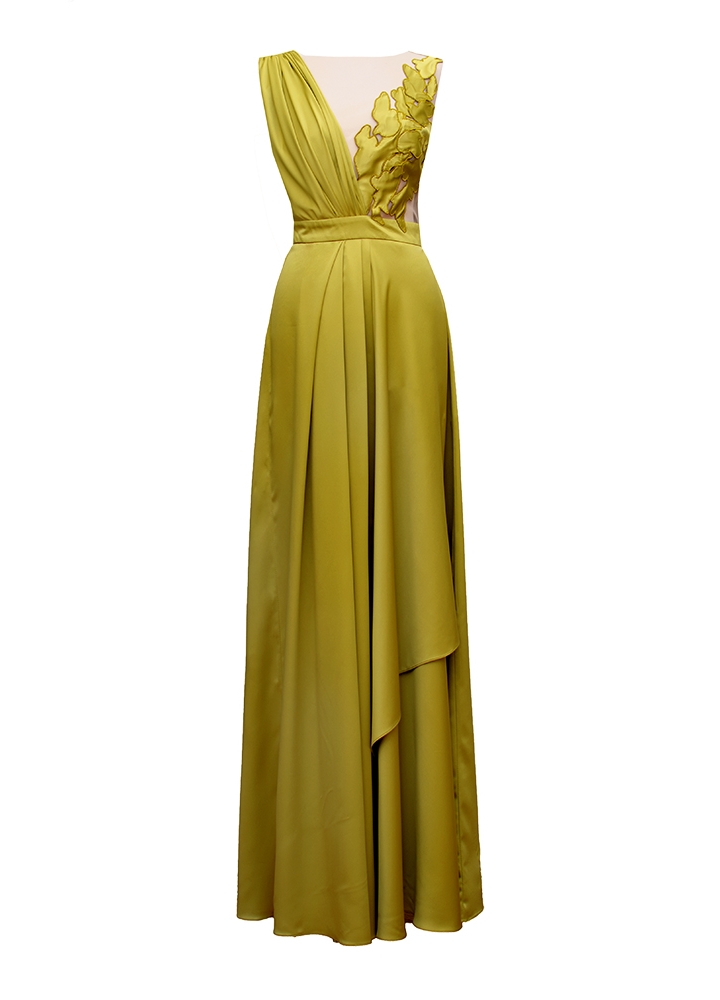 Rochie lunga de seara olive cu decolteu asimetric si broderie Orchid 