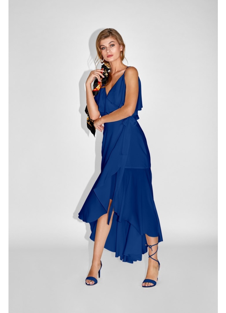 Rochie cocktail midi albastra din vascoza cu decolteu in V si volane Riviera