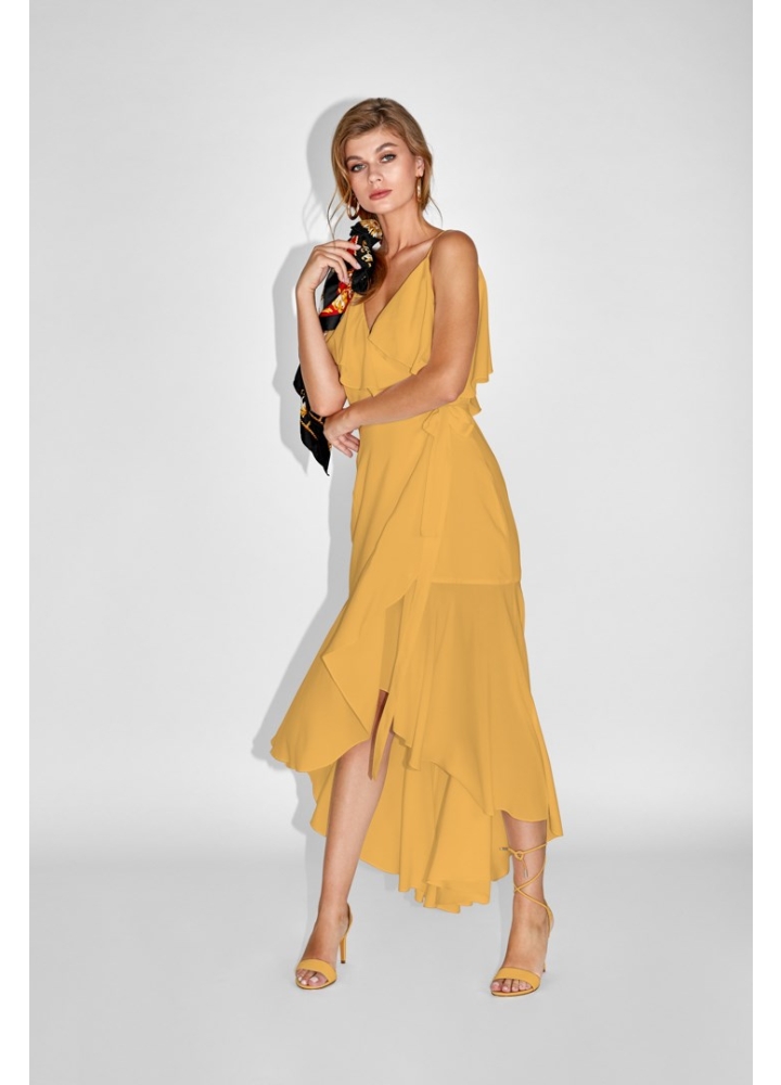 Rochie cocktail midi galbena din vascoza cu decolteu in V si volane Riviera 