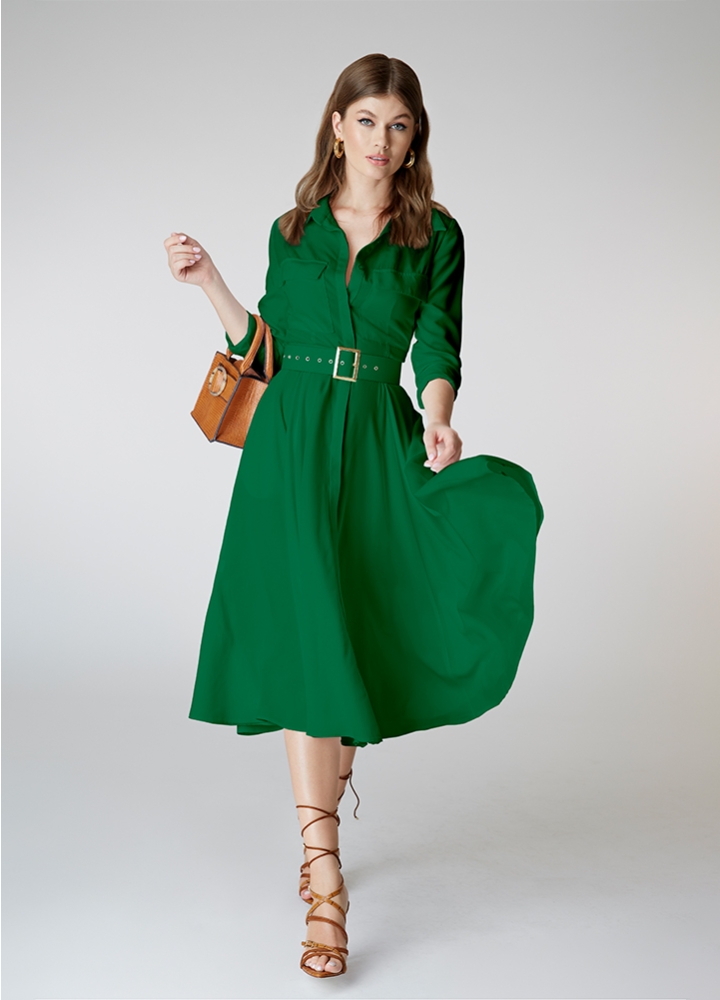 Rochie camasa midi verde inchis evazata din vascoza cu curea asortata Sassy