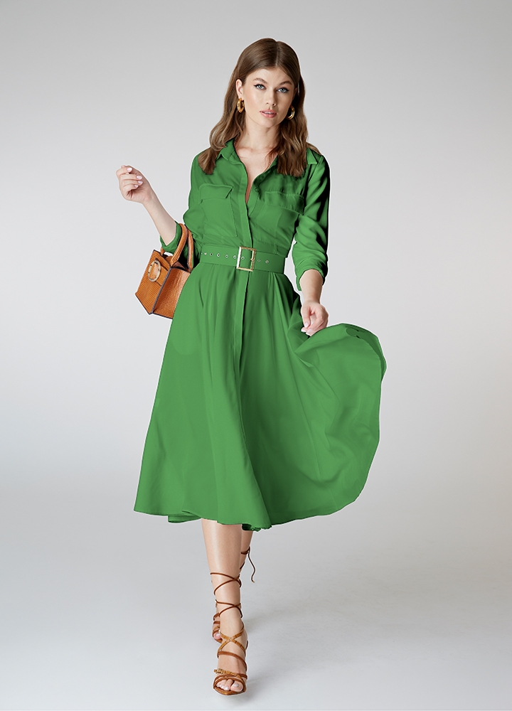 Rochie camasa midi verde deschis evazata din vascoza cu curea asortata Sassy