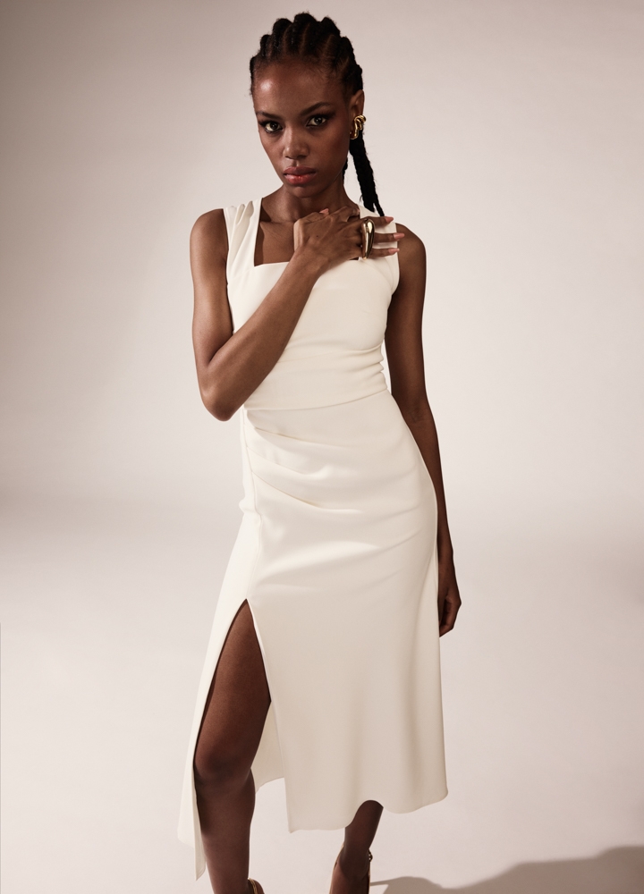 Rochie de cununie midi alba cu drapaje si decolteu patrat View 