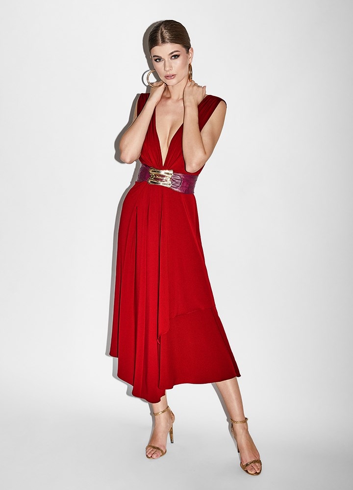 Rochie cocktail midi rosie cu decolteu in V si drapaj Tango