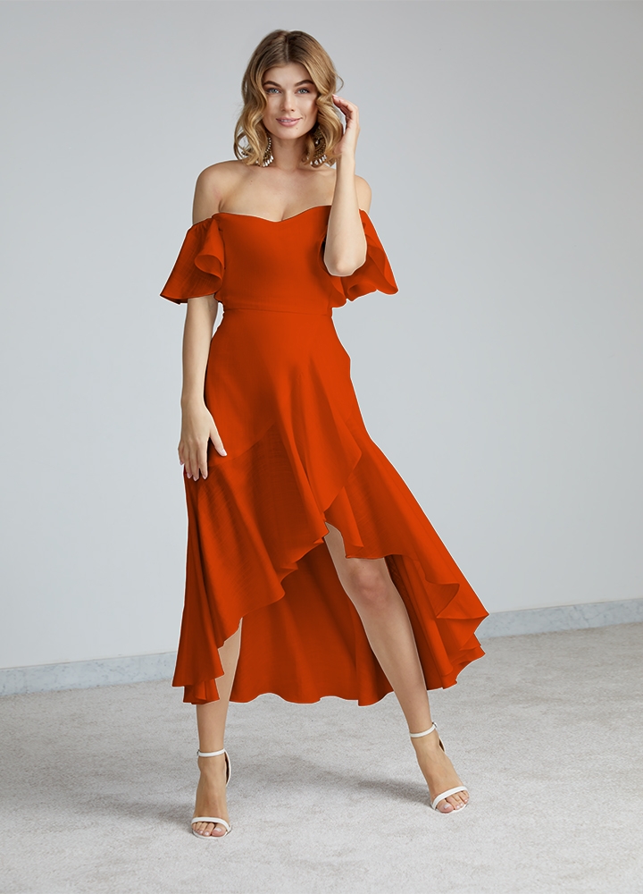 Rochie oranj asimetrica cu volane si fusta petrecuta Thalia 