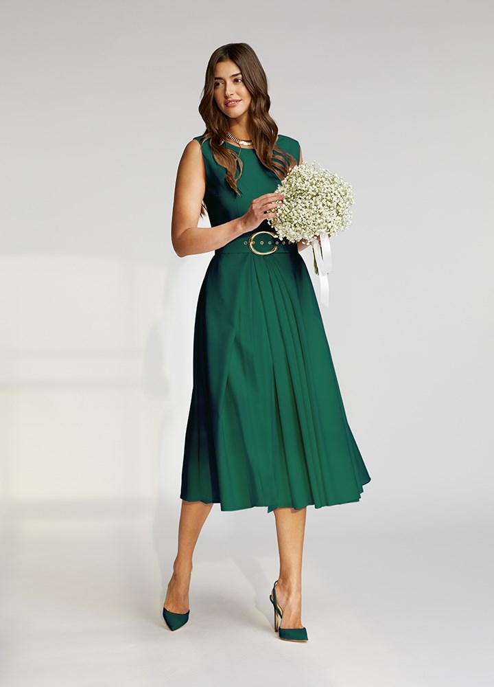 Rochie cocktail midi verde cu buzunare si curea asortata Vienna