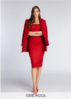 Rochie birou midi conica din lana rosie cu drapaje si decolteu patrat Savoy