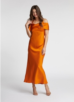 Rochie cocktail midi portocalie din vascoza cu drapaj si decolteu cu bretele dupa gat Luxor