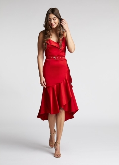 Rochie cocktail midi rosie cu volane si curea asortata Venus 