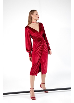 Rochie cocktail midi rosie cu drapaje si maneci lungi Hilton