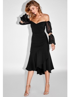 Rochie cocktail midi neagra cu decolteu pe umeri si cu broderie Festa