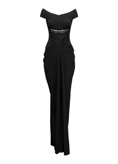 Rochie de seara lunga neagra cu fusta drapata si detaliu crosetat pe talie Armada