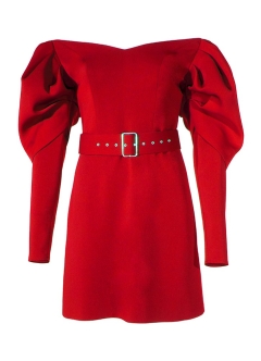 Rochie cocktail scurta rosie cu maneci bufante si fusta in A Dove 